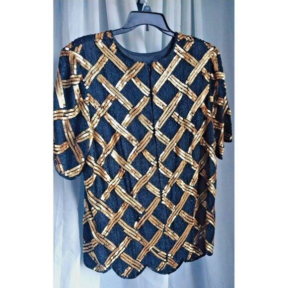 Scala Vintage Black Gold 100% Silk Sequin Blouse Top Size 3x (large) - Picture 2 of 10